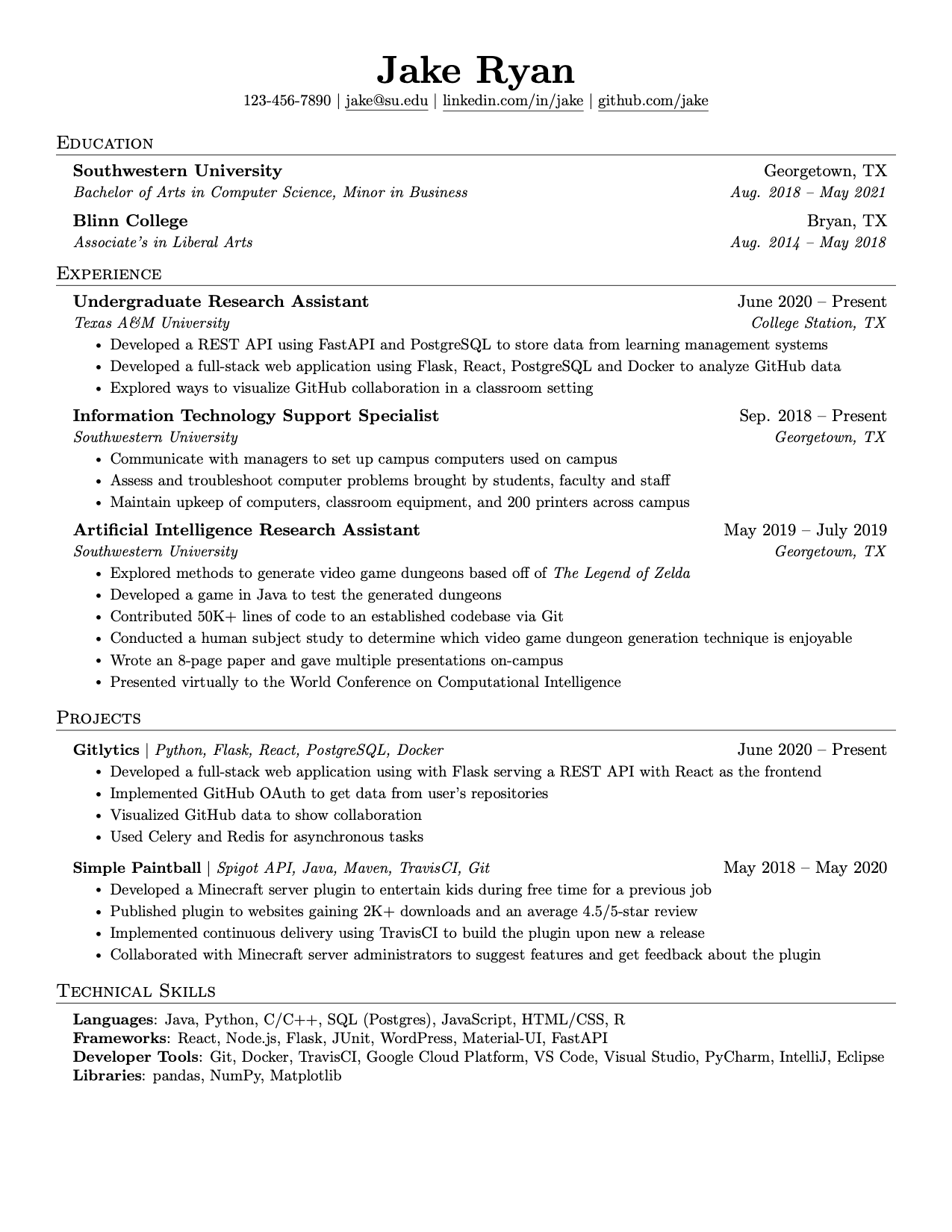 Traditional resume example (Jake's Resume LaTeX template)